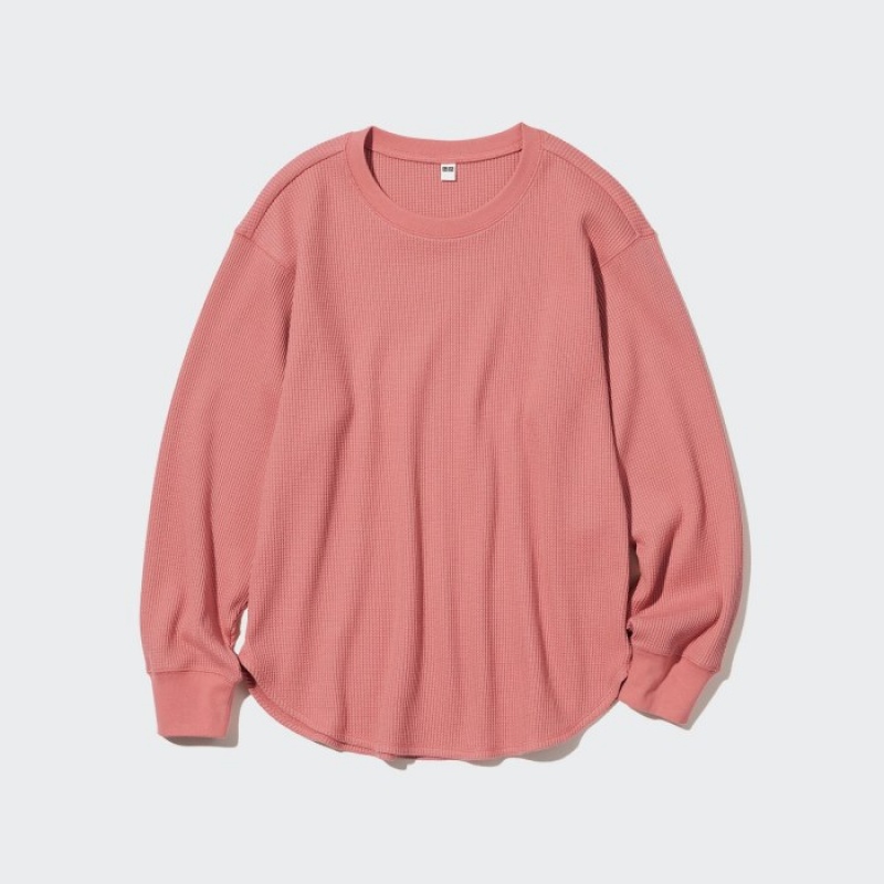 Uniqlo Waffle Crew Neck Long-Sleeve T-Shirt Damen Rosa | TECD-78402