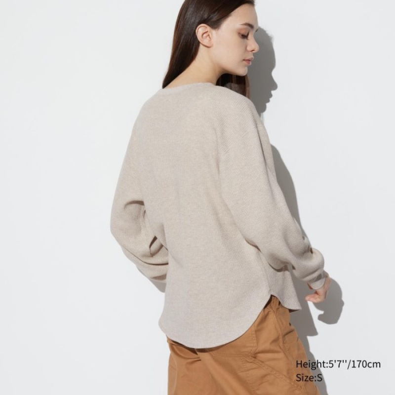 Uniqlo Waffle Crew Neck Long-Sleeve T-Shirt Damen Natural | CQNG-28017