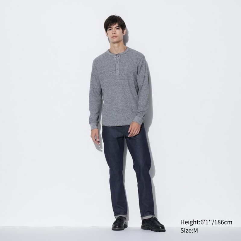 Uniqlo Waffle Henley Neck Long-Sleeve (2022 Edition) T-Shirt Herren Dunkelgrün | MYPA-05298