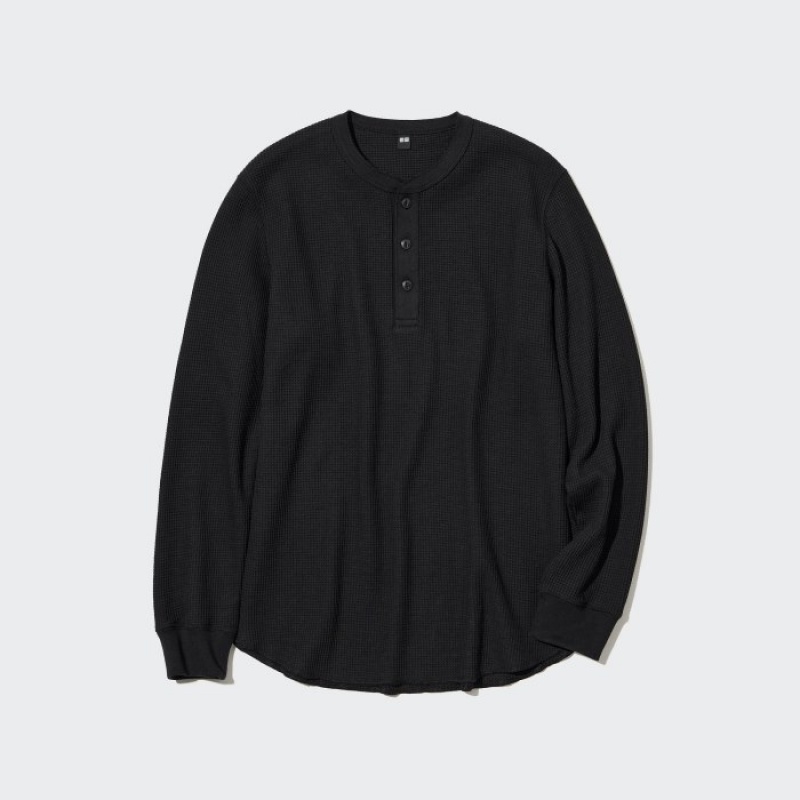 Uniqlo Waffle Henley Neck Long-Sleeve (2022 Edition) T-Shirt Herren Dunkelgrün | MYPA-05298