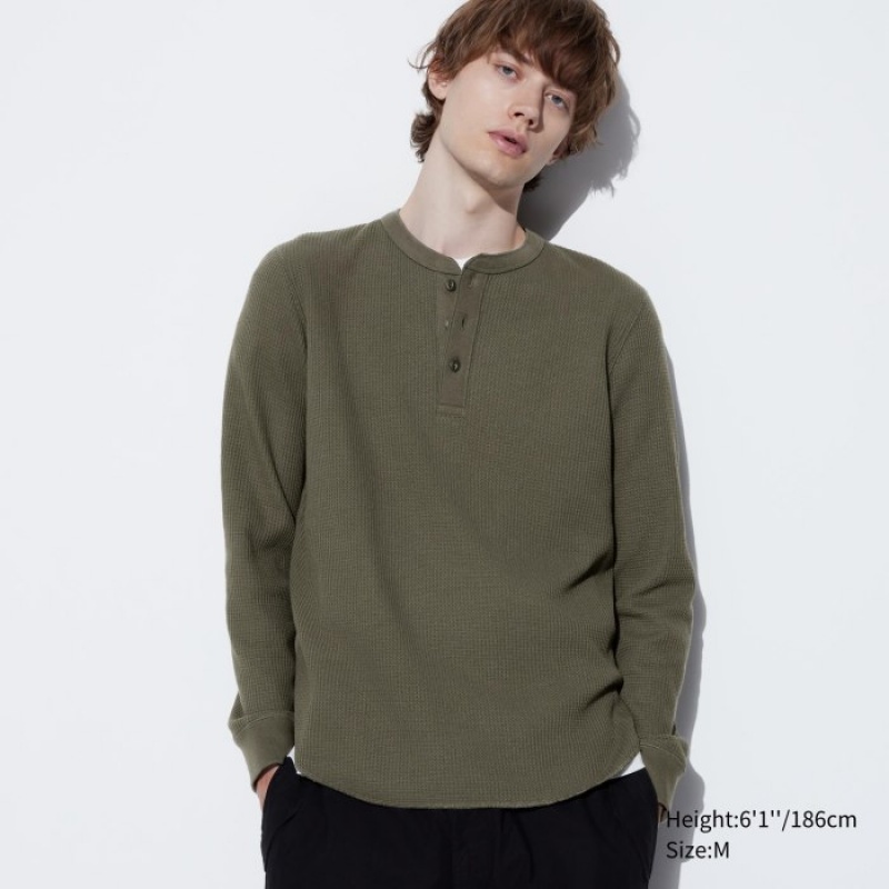 Uniqlo Waffle Henley Neck Long-Sleeve (2022 Edition) T-Shirt Herren Dunkelgrün | MYPA-05298