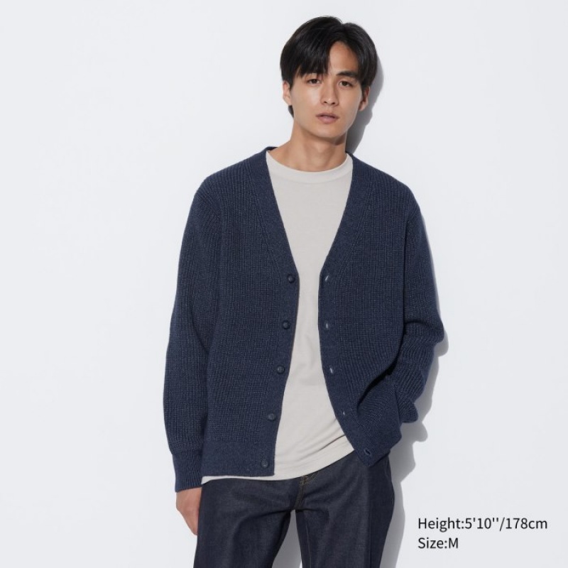 Uniqlo Washable Baumwoll V-Neck Long-Sleeve Strickjacke Herren Blau | CKYB-85932