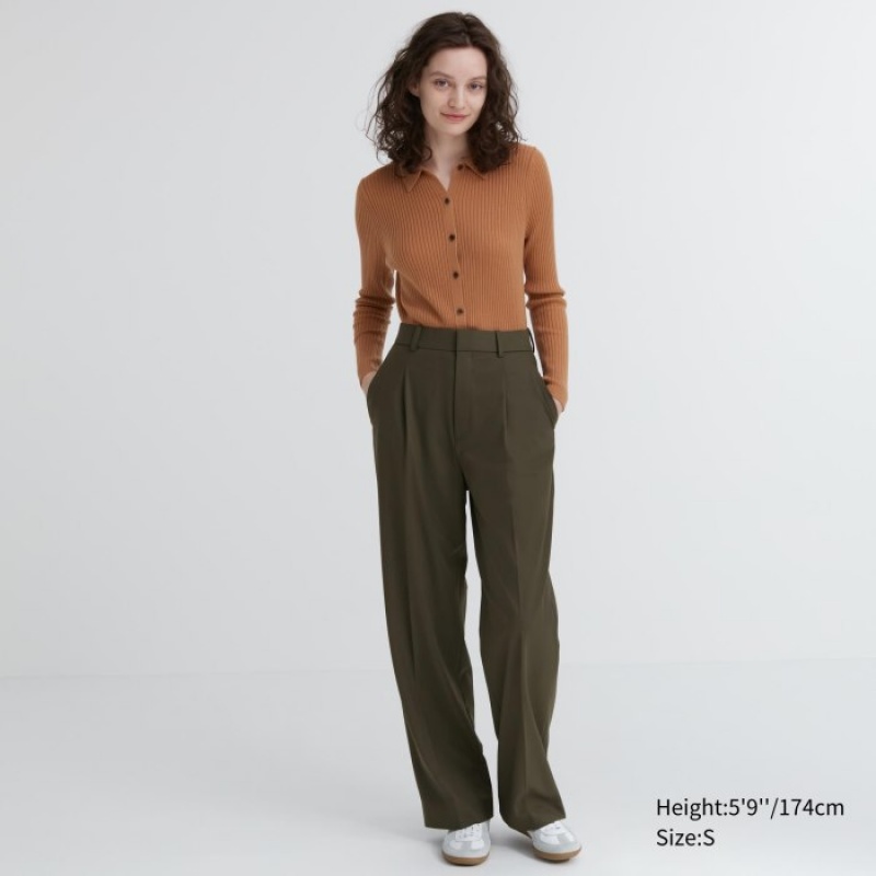 Uniqlo Weite-Fit Falten (Hohe) Hose Damen Olivgrün | QDXM-85714