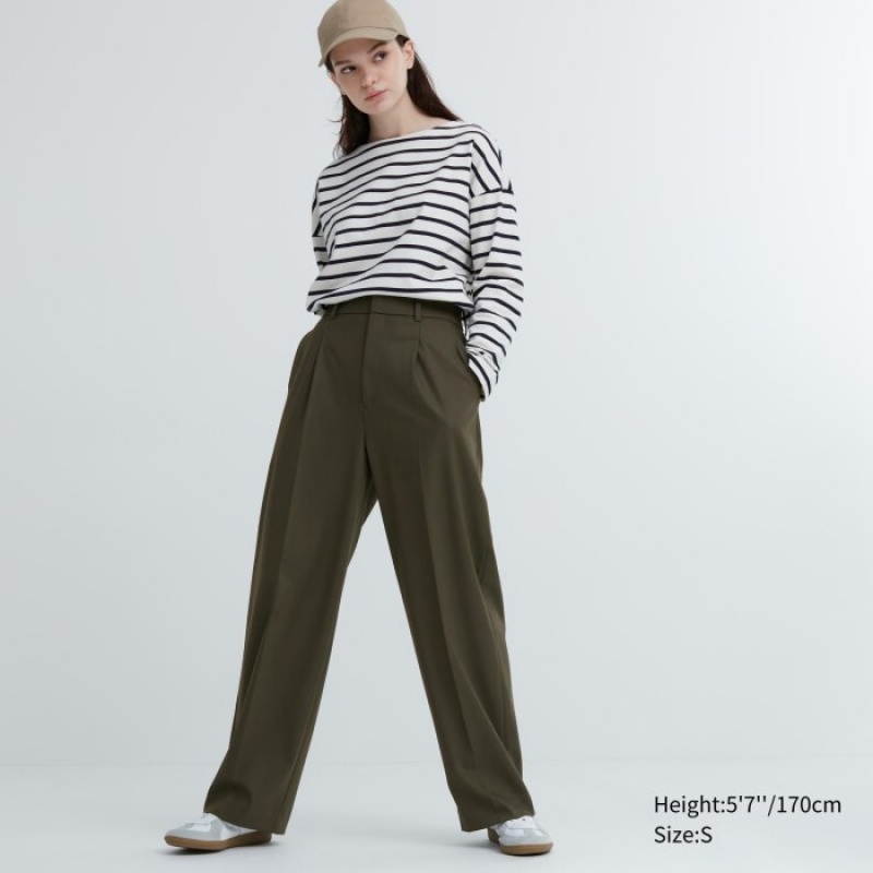 Uniqlo Weite-Fit Falten Hose Damen Olivgrün | UZGN-63072