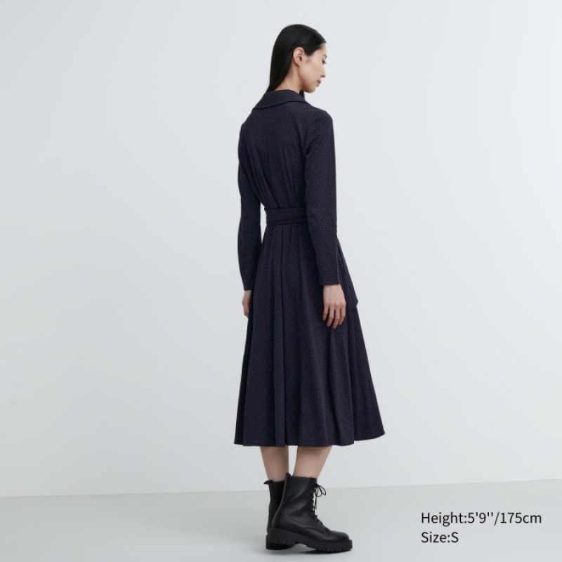 Uniqlo Wrap Long-Sleeve Kleid Damen Navy | CTEU-67452