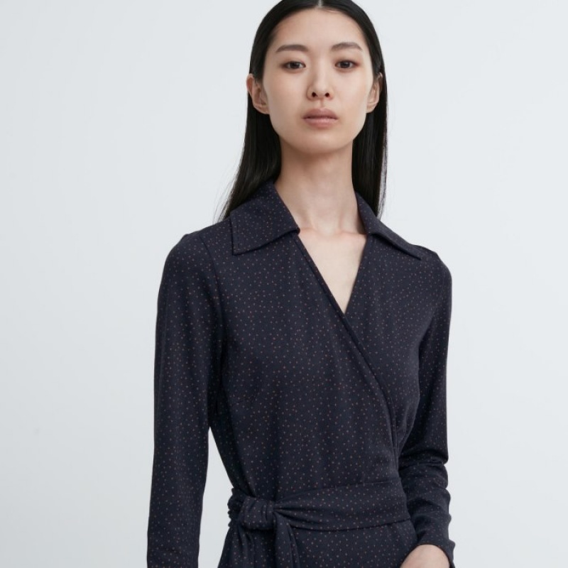 Uniqlo Wrap Long-Sleeve Kleid Damen Navy | CTEU-67452