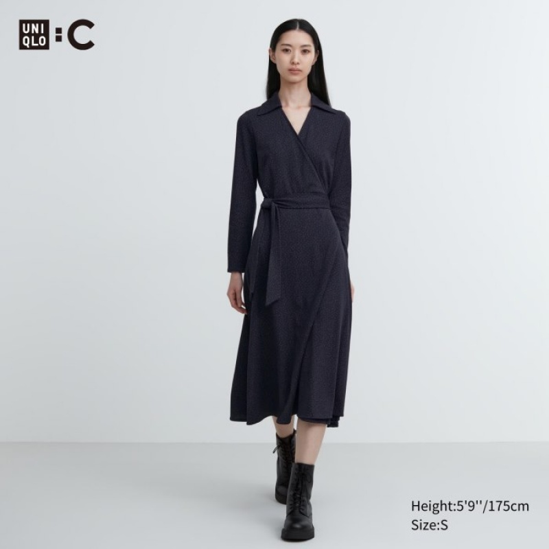 Uniqlo Wrap Long-Sleeve Kleid Damen Navy | CTEU-67452